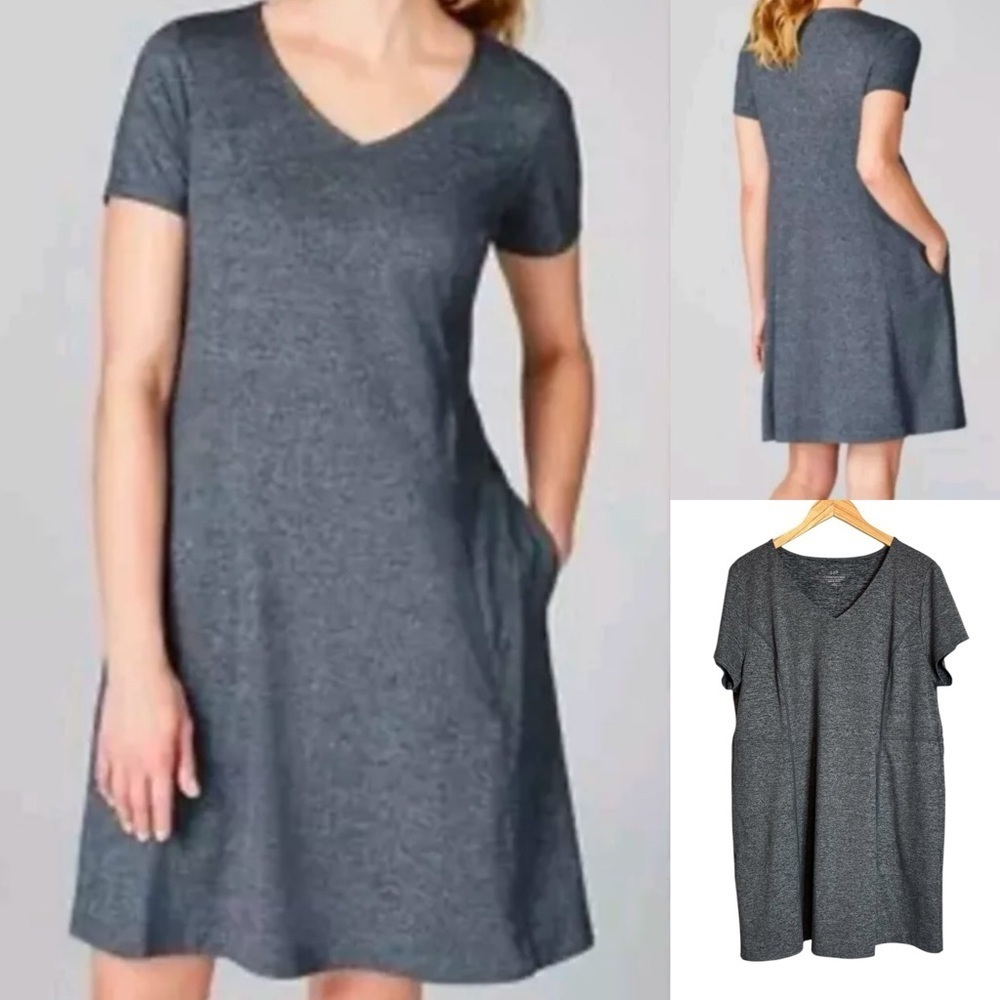 J Jill Fit Marled V Neck Dress XL Petite Pockets Short Sleeve Charcoal